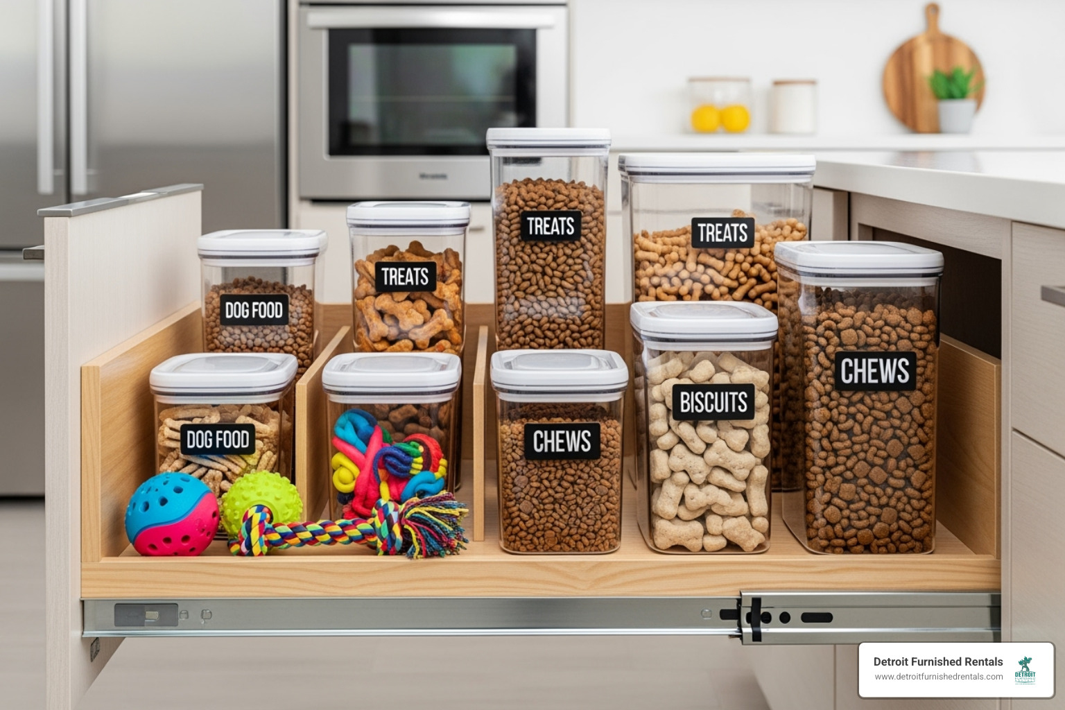 a pull-out pantry drawer organized with airtight dog food containers and treats - Dog friendly kitchen