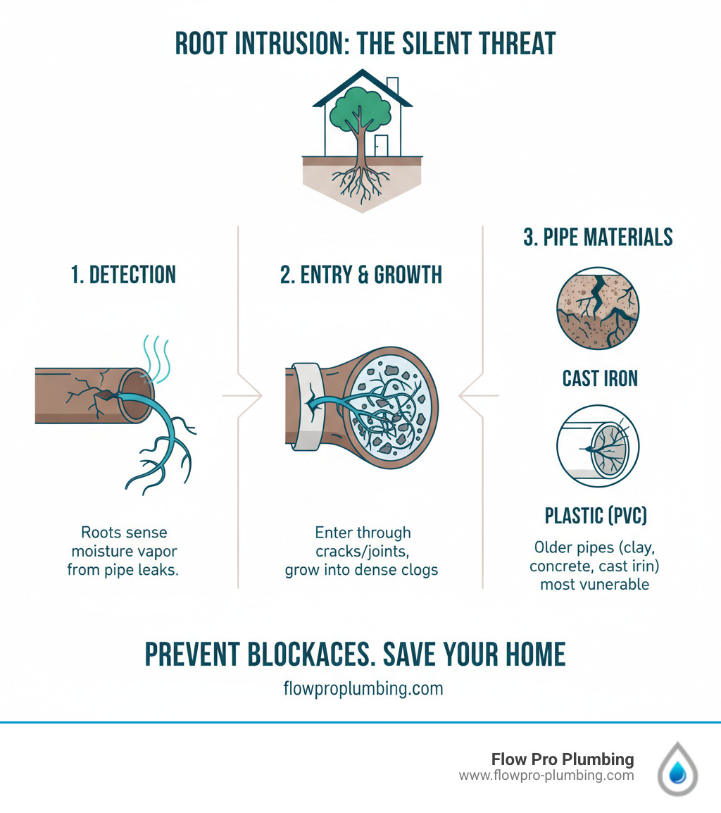 Detailed infographic showing how tree roots detect moisture vapor from cracked sewer pipes, enter through joints and small openings, then grow into dense masses that trap debris and cause blockages, with cross-section views of different pipe materials and root invasion patterns - Root intrusion removal infographic Detailed infographic showing how tree roots detect moisture vapor from cracked sewer pipes, enter through joints and small openings, then grow into dense masses that trap debris and cause blockages, with cross-section views of different pipe materials and root invasion patterns - Root intrusion removal infographic