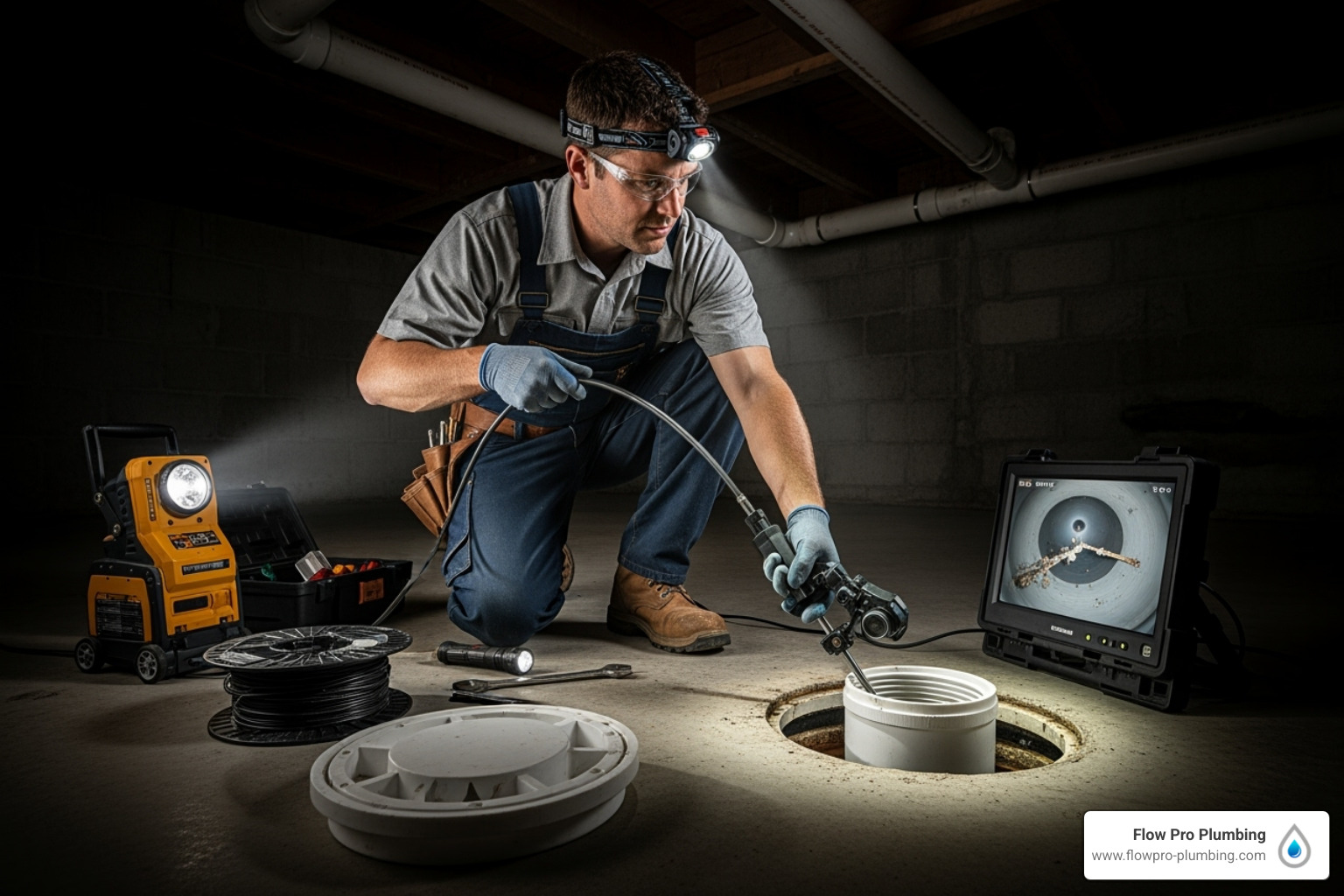 A plumber performing a sewer camera inspection - Root intrusion removal A plumber performing a sewer camera inspection - Root intrusion removal
