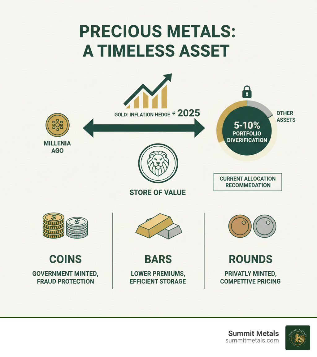 Infographic showing the historical performance of physical precious metals as a store of value, including gold's role as an inflation hedge over millennia, current allocation recommendations of 5-10% for portfolio diversification, and comparison of coins vs bars vs rounds with their respective benefits for investors - physical precious metals infographic 