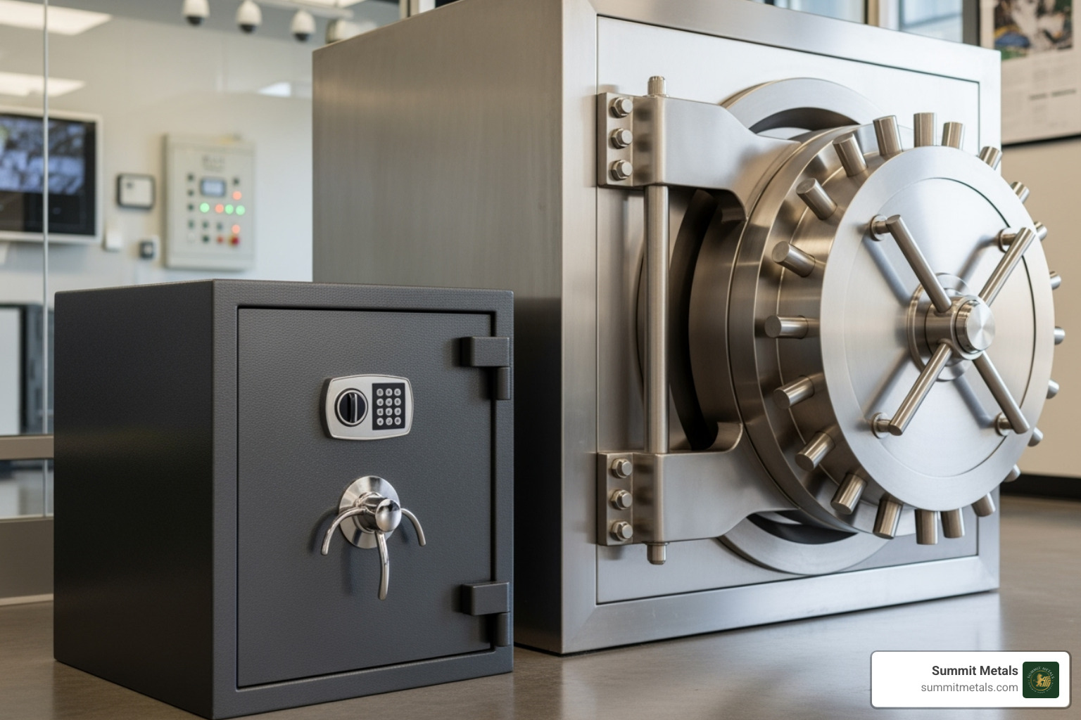 Secure home safe and a professional depository vault side-by-side - physical precious metals