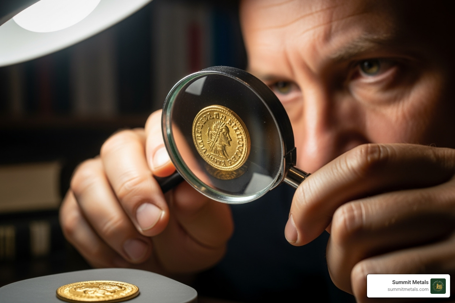 Person examining a gold coin with a magnifying glass - physical precious metals