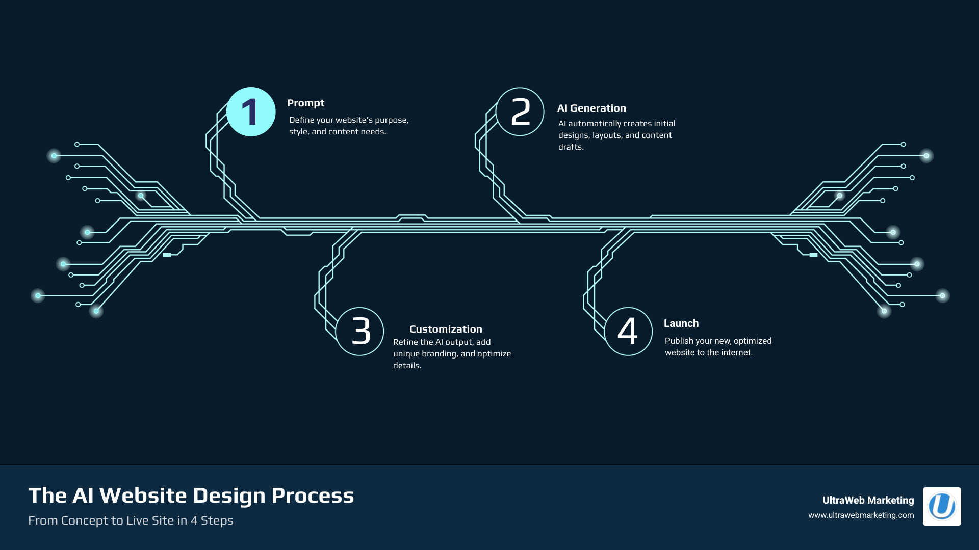 Infographic explaining the basic process: Prompt -> AI Generation -> Customization -> Launch - ai website design infographic infographic-4-steps-tech Infographic explaining the basic process: Prompt -> AI Generation -> Customization -> Launch - ai website design infographic infographic-4-steps-tech