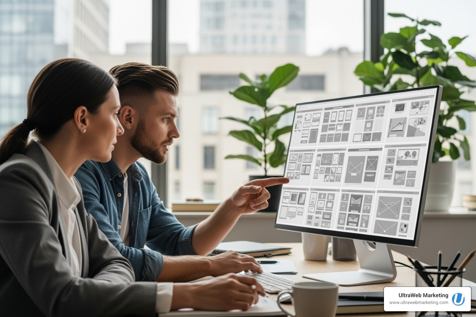 a web designer collaborating with a client, with AI-generated wireframes on a screen - ai website design a web designer collaborating with a client, with AI-generated wireframes on a screen - ai website design