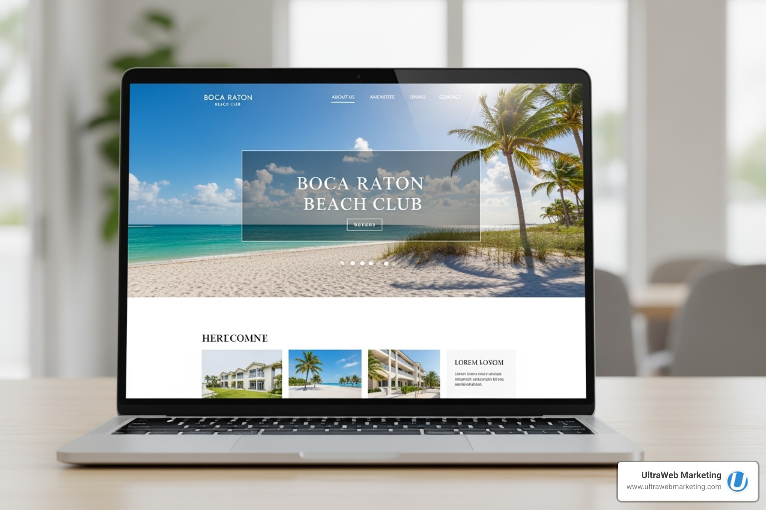 a sleek, modern website on a laptop screen with a Boca Raton beach scene in the background - ai website design a sleek, modern website on a laptop screen with a Boca Raton beach scene in the background - ai website design