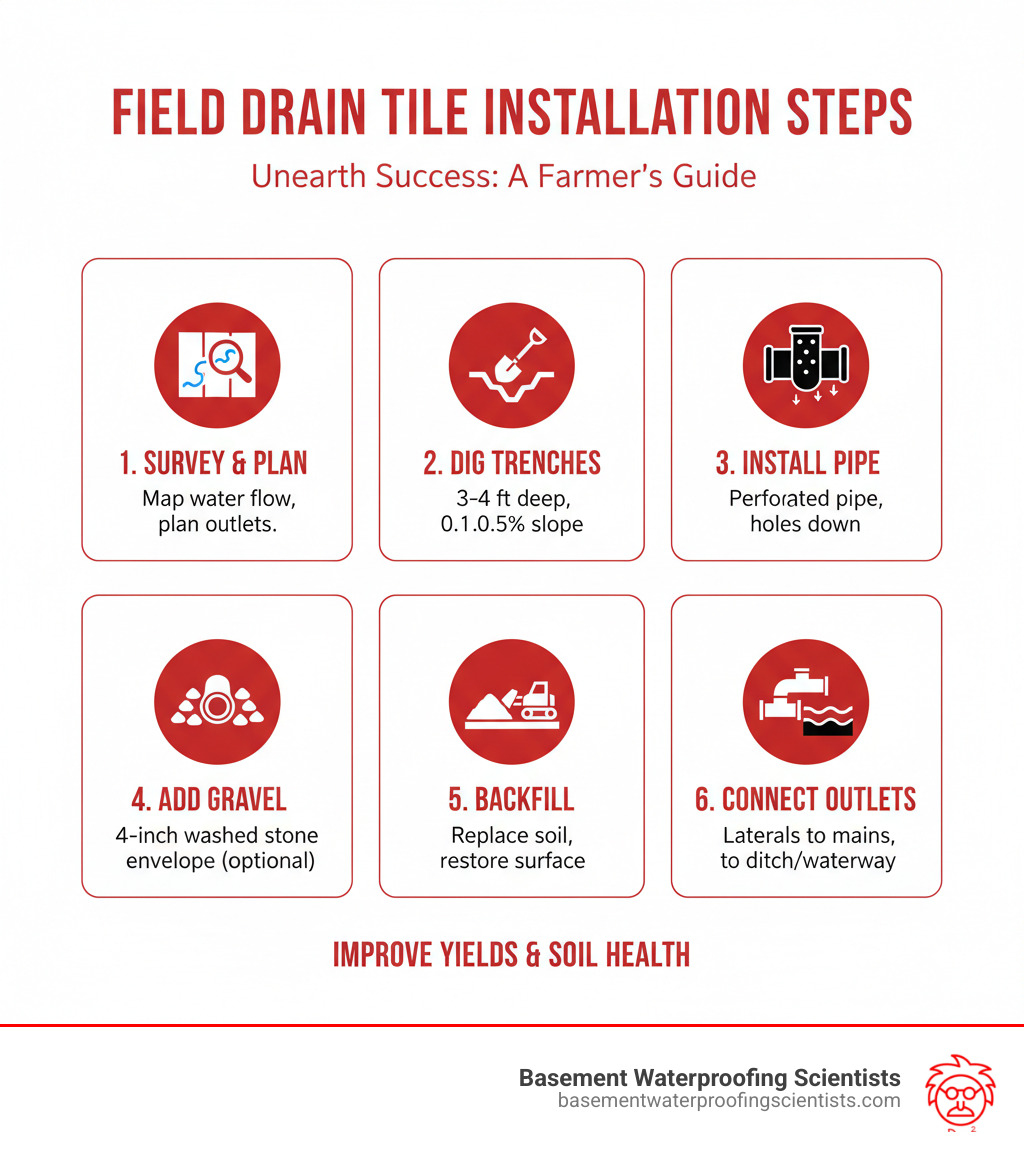 Comprehensive infographic showing field drain tile installation steps from initial site survey through final backfilling, including proper trench dimensions, pipe placement with holes down orientation, gravel envelope specifications, and connection methods for laterals and mains - how to install drain tile in field infographic 