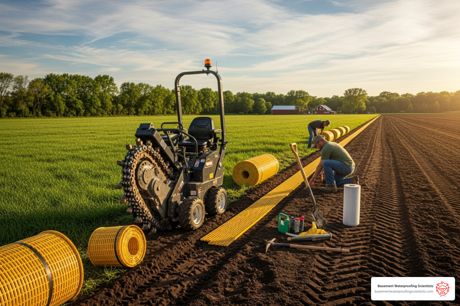 essential drain tile installation equipment like a trencher and tile rolls - how to install drain tile in field