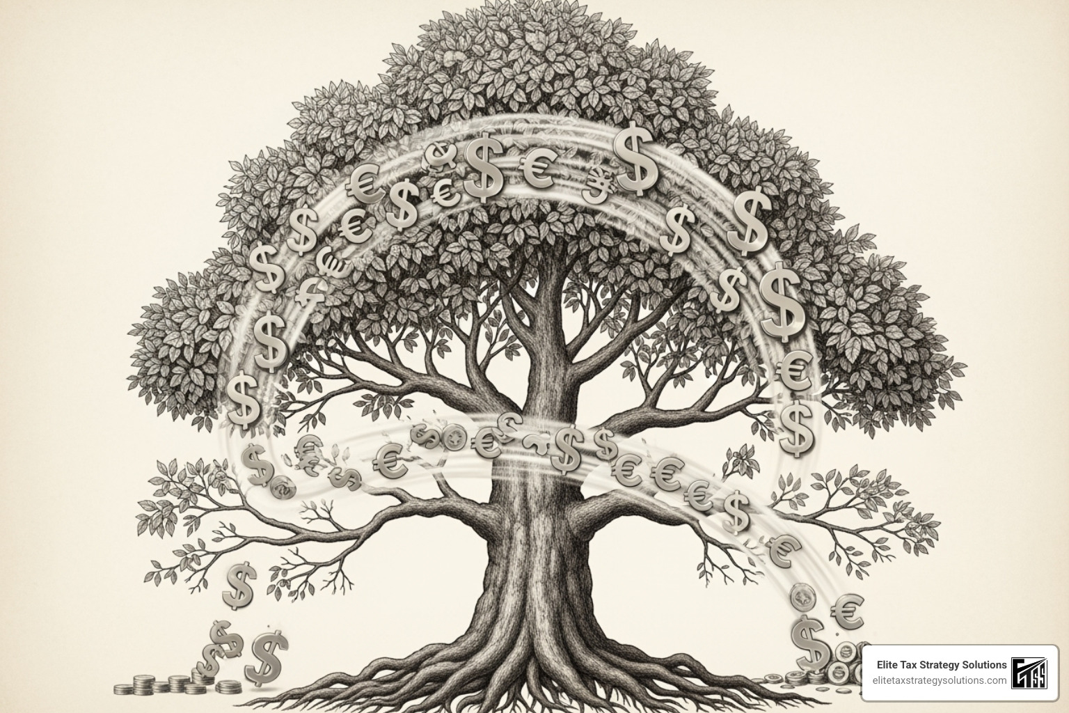a family tree diagram with dollar signs, illustrating the flow of income splitting - income tax planning for high earners a family tree diagram with dollar signs, illustrating the flow of income splitting - income tax planning for high earners