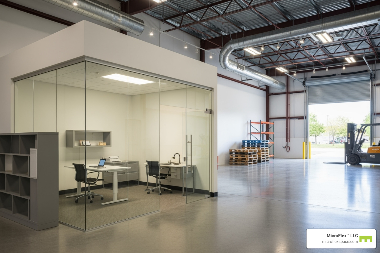 interior of a Microflex unit, showing a small office area in one corner and high-ceiling warehouse space in the rest - Microflex Space for Plumbing Businesses