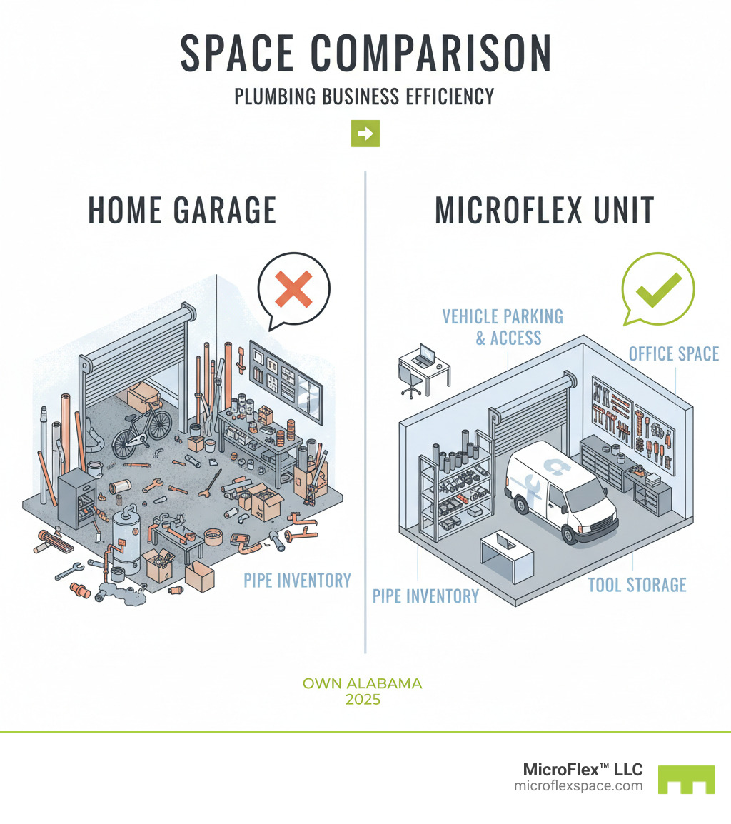Infographic showing plumbing business space comparison: cluttered home garage with tools scattered everywhere versus organized Microflex unit with designated areas for office space, tool storage, pipe inventory, and vehicle parking with roll-up door access - Microflex Space for Plumbing Businesses infographic 