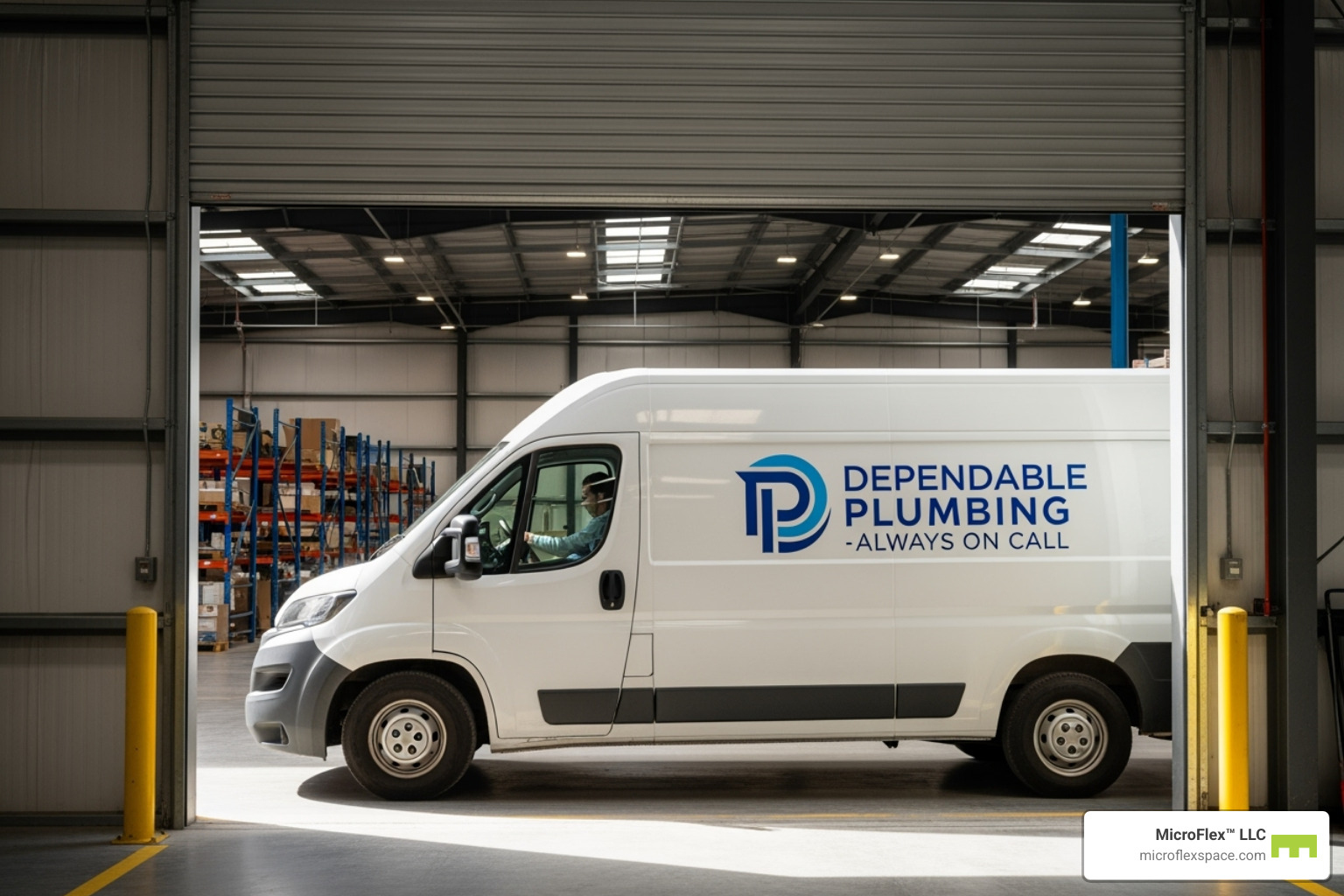 plumbing van easily pulling into a Microflex unit through a large roll-up door - Microflex Space for Plumbing Businesses