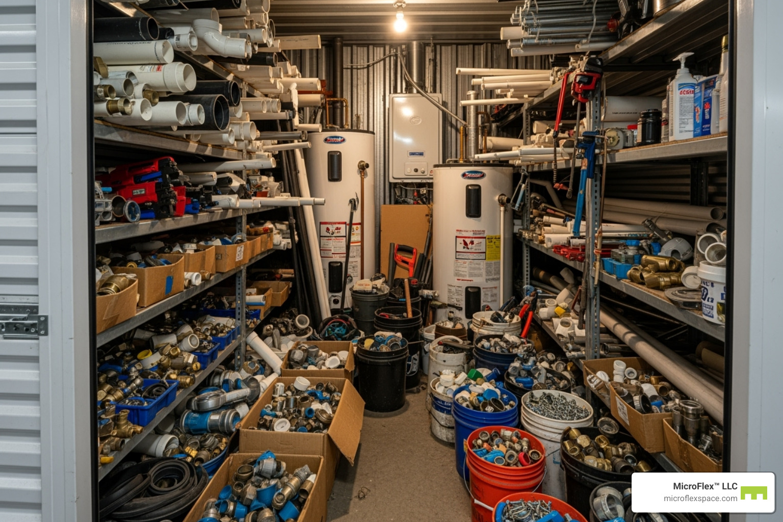 messy, overstuffed self-storage unit with plumbing supplies spilling out - Microflex Space for Plumbing Businesses