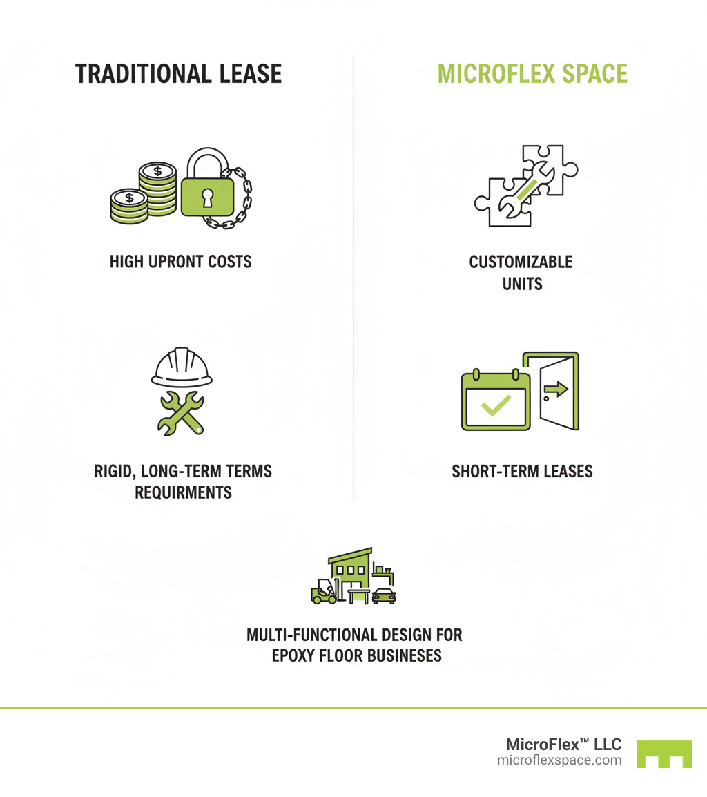 Infographic comparing traditional long-term commercial leases with high upfront costs, rigid terms, and renovation requirements versus Microflex flexible spaces offering customizable units, short-term leases, move-in ready options, and multi-functional design for epoxy floor businesses - Microflex Spaces for Epoxy Floor Businesses infographic 