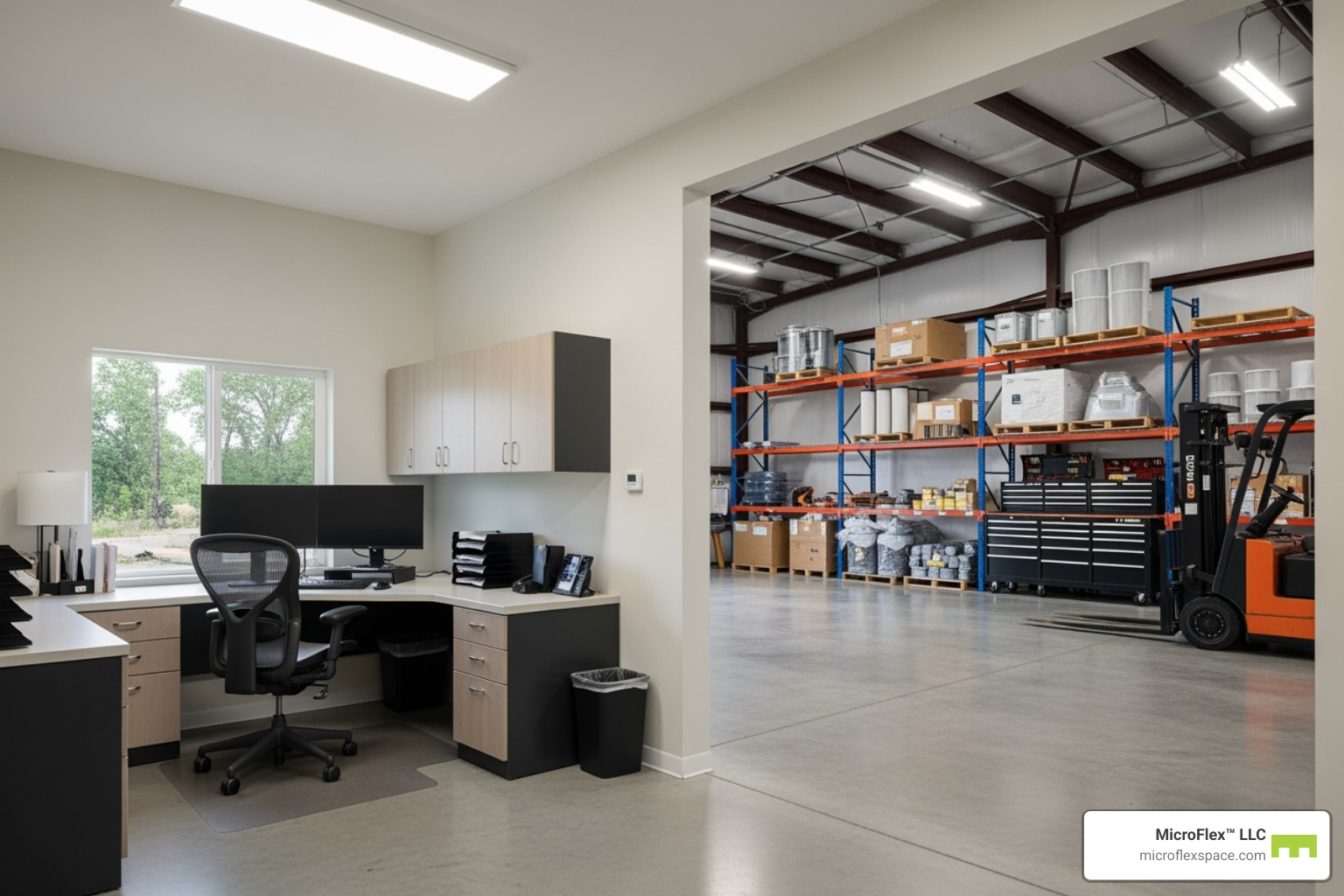 Interior of a MicroFlex unit showing a small office area and a larger warehouse/storage section - Microflex Spaces for HVAC Businesses Interior of a MicroFlex unit showing a small office area and a larger warehouse/storage section - Microflex Spaces for HVAC Businesses