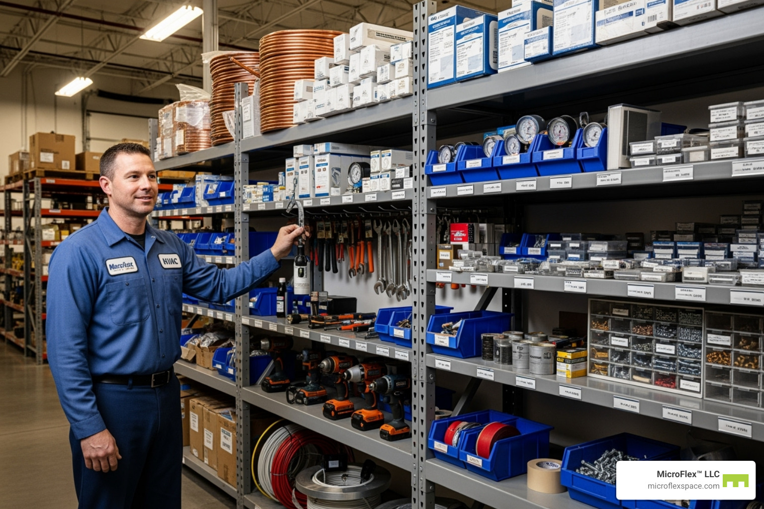 HVAC technician organizing equipment on heavy-duty shelving inside a MicroFlex warehouse area - Microflex Spaces for HVAC Businesses HVAC technician organizing equipment on heavy-duty shelving inside a MicroFlex warehouse area - Microflex Spaces for HVAC Businesses