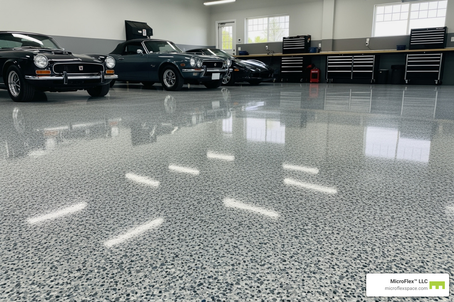 A vibrant, high-gloss epoxy flake floor in a commercial garage setting, showcasing durability and aesthetic appeal - Microflex Spaces for Epoxy Floor Businesses