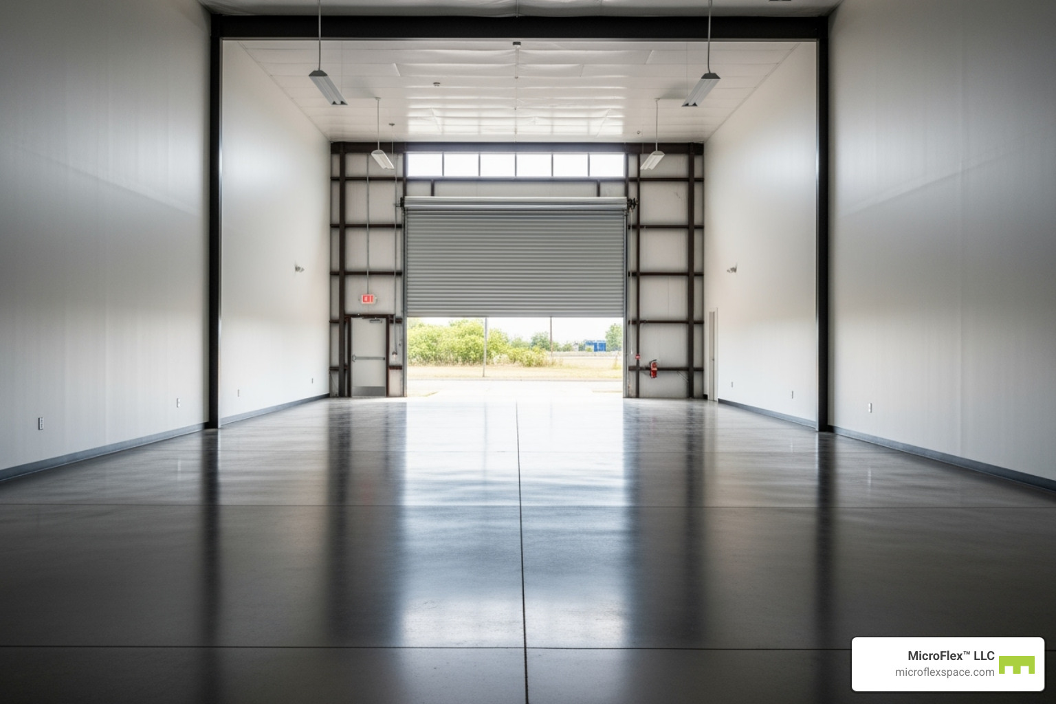 Interior of an empty Microflex unit, highlighting high ceilings, grade-level roll-up door, and clean concrete floor, ready for customization - Microflex Spaces for Epoxy Floor Businesses