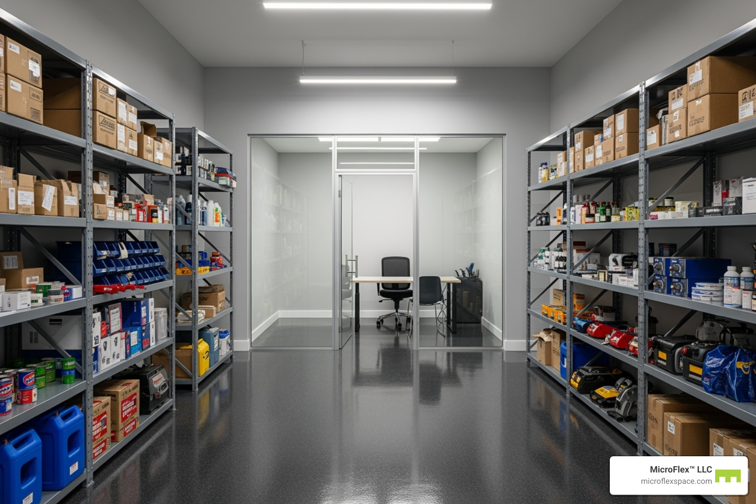 Customized Microflex unit interior featuring a sleek epoxy floor, a glass-walled small office build-out, and neatly organized shelving for business operations - Microflex Spaces for Epoxy Floor Businesses