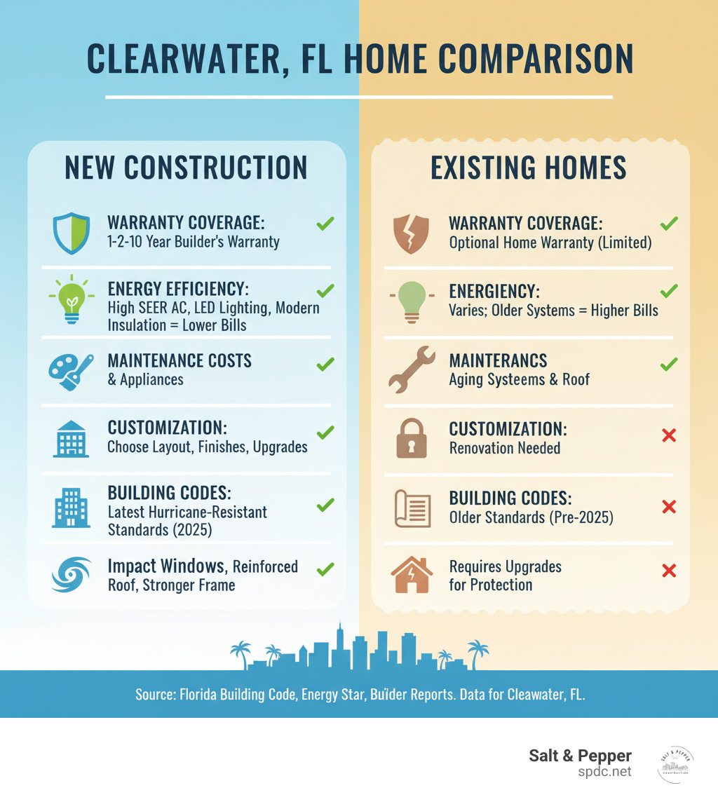 Comprehensive comparison infographic showing new construction benefits versus existing homes in Clearwater FL, including warranty coverage, energy efficiency ratings, maintenance costs, customization options, modern building codes, and hurricane resistance features - new construction clearwater fl infographic 