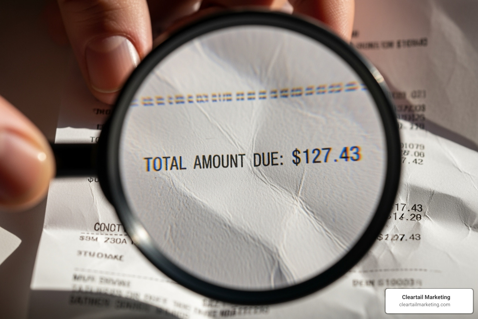 A magnifying glass over a receipt showing fine print - domain hosting price comparison