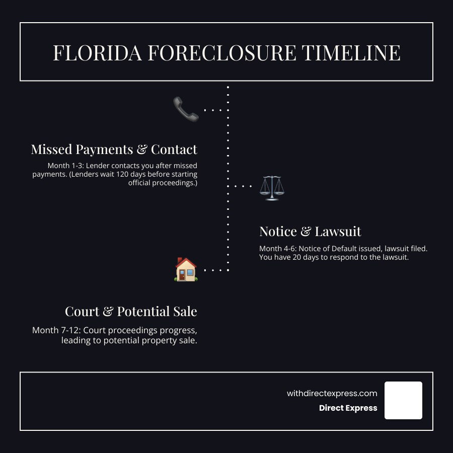 Infographic showing the Florida foreclosure timeline: Month 1-3 missed payments trigger lender contact, Month 4 brings Notice of Default, Month 5-6 involves lawsuit filing with 20-day homeowner response window, Month 7-12 covers court proceedings and potential sale, with various intervention points marked throughout the process - avoid foreclosure Tampa infographic infographic-line-3-steps-dark