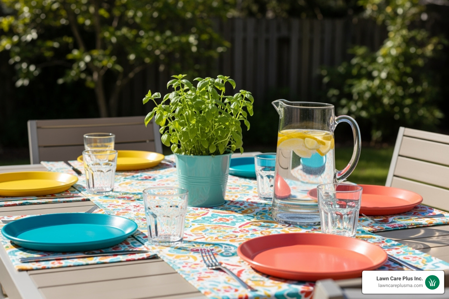 A beautifully decorated patio table set for an outdoor meal, featuring colorful melamine plates, a vibrant outdoor runner, and simple yet neat glassware, all contributing to an inviting and budget-friendly atmosphere. - affordable patio