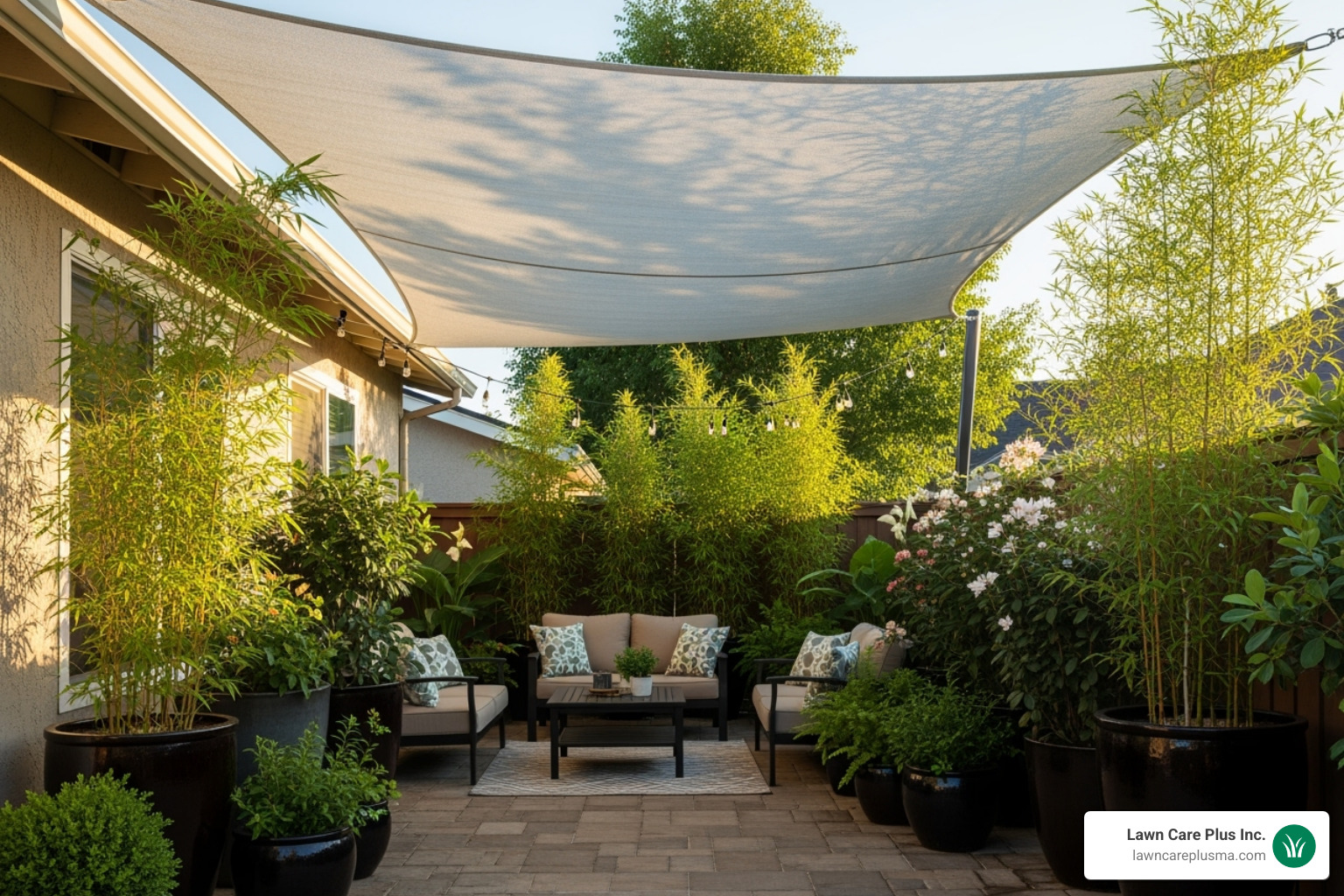 A patio with a DIY shade sail providing overhead cover, complemented by tall potted plants arranged strategically along the perimeter to create a sense of privacy and lush greenery. - affordable patio