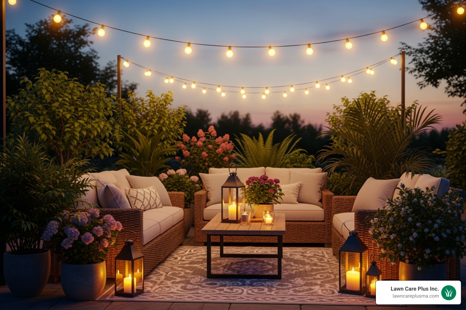 A cozy outdoor patio scene at dusk, illuminated by warm string lights strung overhead, casting a soft glow on comfortable seating and lush potted plants, creating an inviting ambiance. - affordable patio