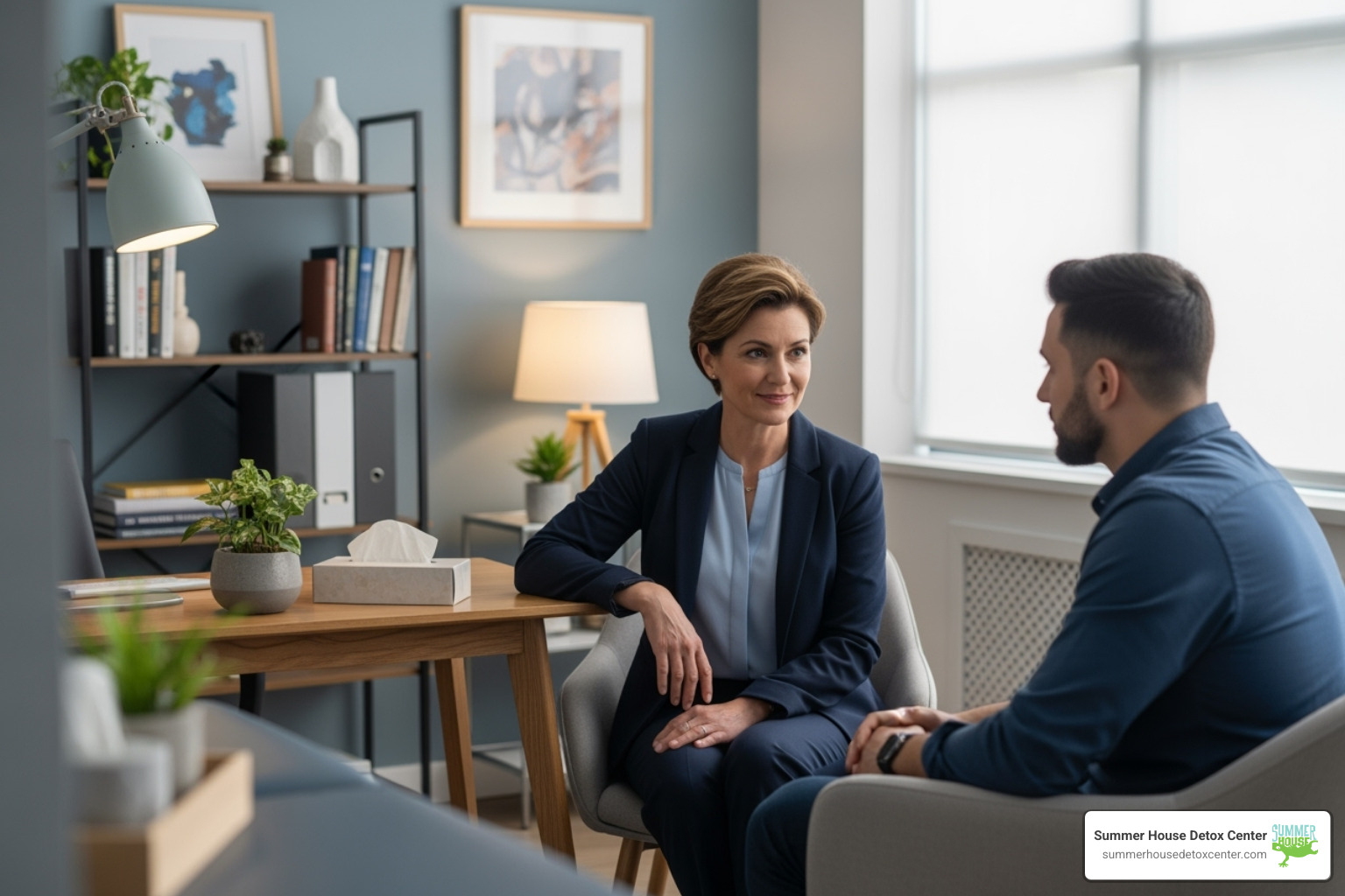 one-on-one therapy session in a professional setting - alcohol detox for professionals