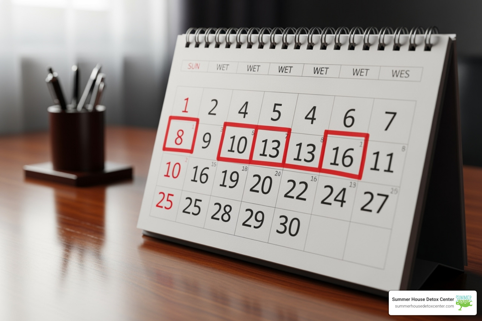 calendar highlighting 7-10 day detox period - alcohol detox for professionals