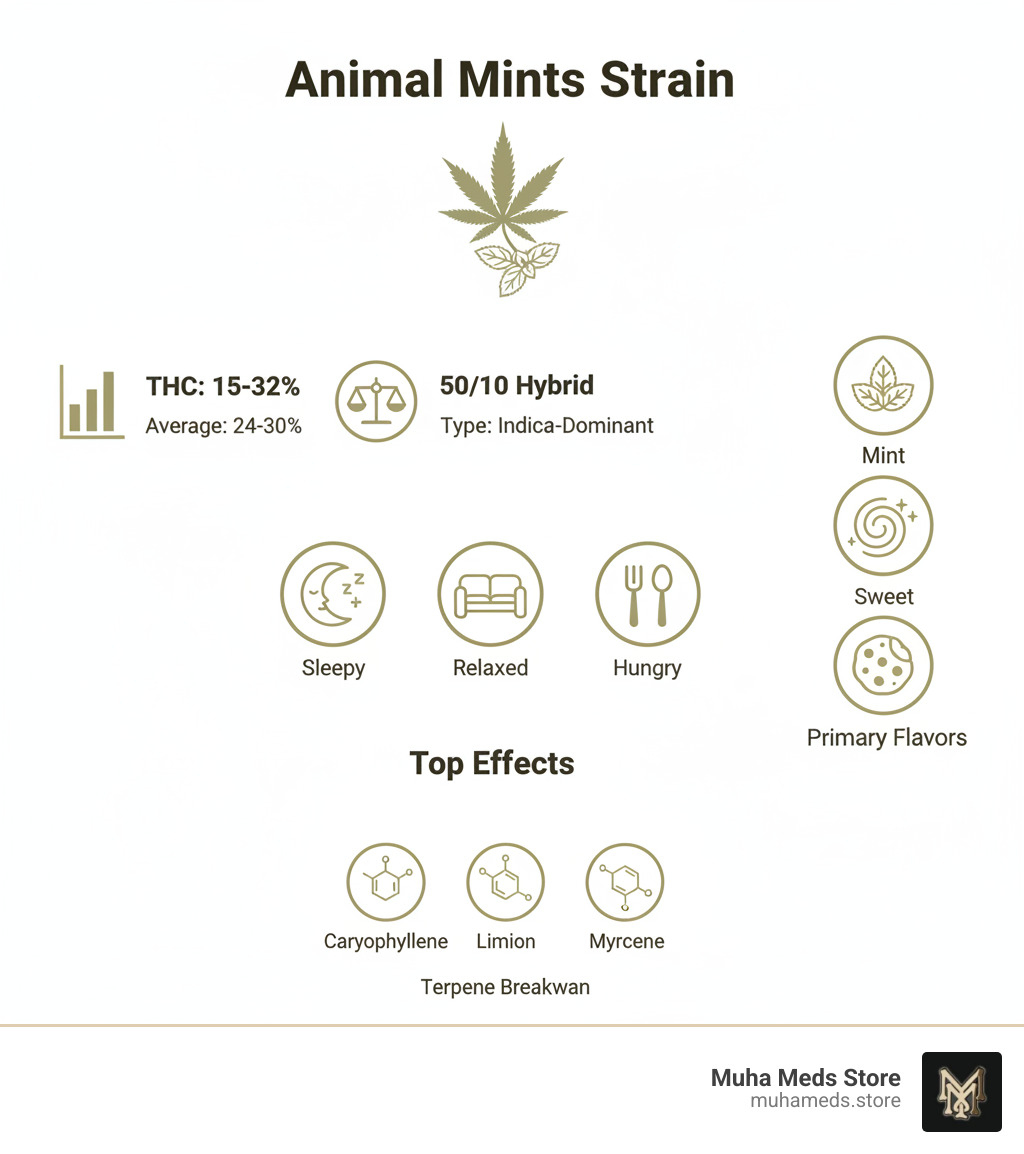 Infographic showing Animal Mints strain statistics: THC 15-32%, 50/50 Hybrid classification, top effects of Relaxed/Sleepy/Hungry, and primary flavors of Mint/Sweet/Cookie with terpene breakdown - Animal Mints Strain infographic 