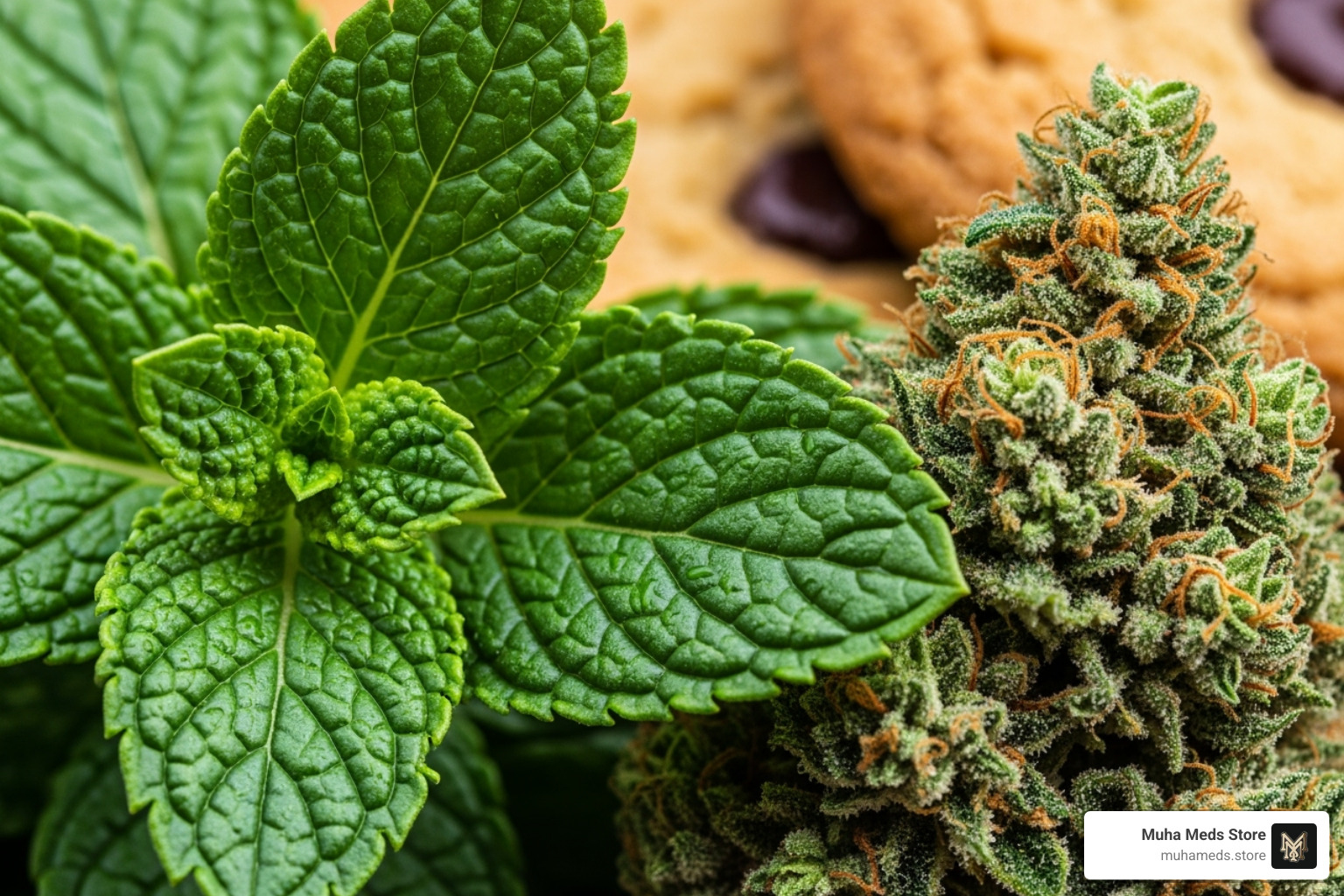 Close-up of fresh mint leaves alongside a cannabis bud, representing the mint and cookie flavor profile - Animal Mints Strain
