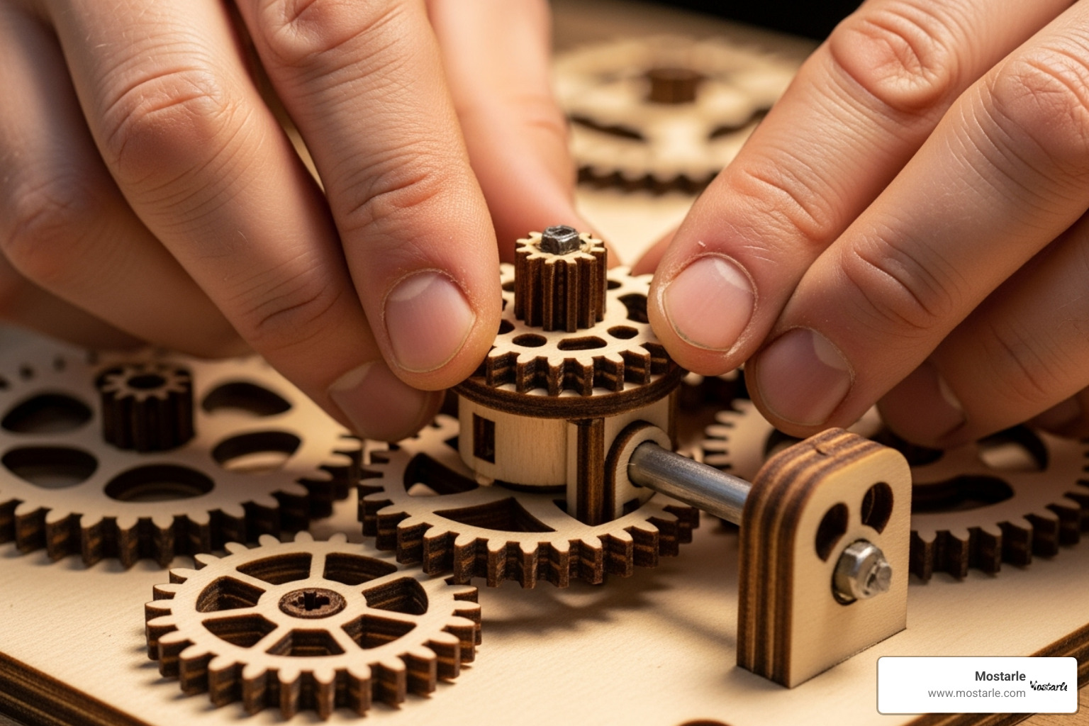 A person carefully assembling a Mostarle wooden gear mechanism - 3d assembly puzzles wooden mechanical gears decor laser-cut kits