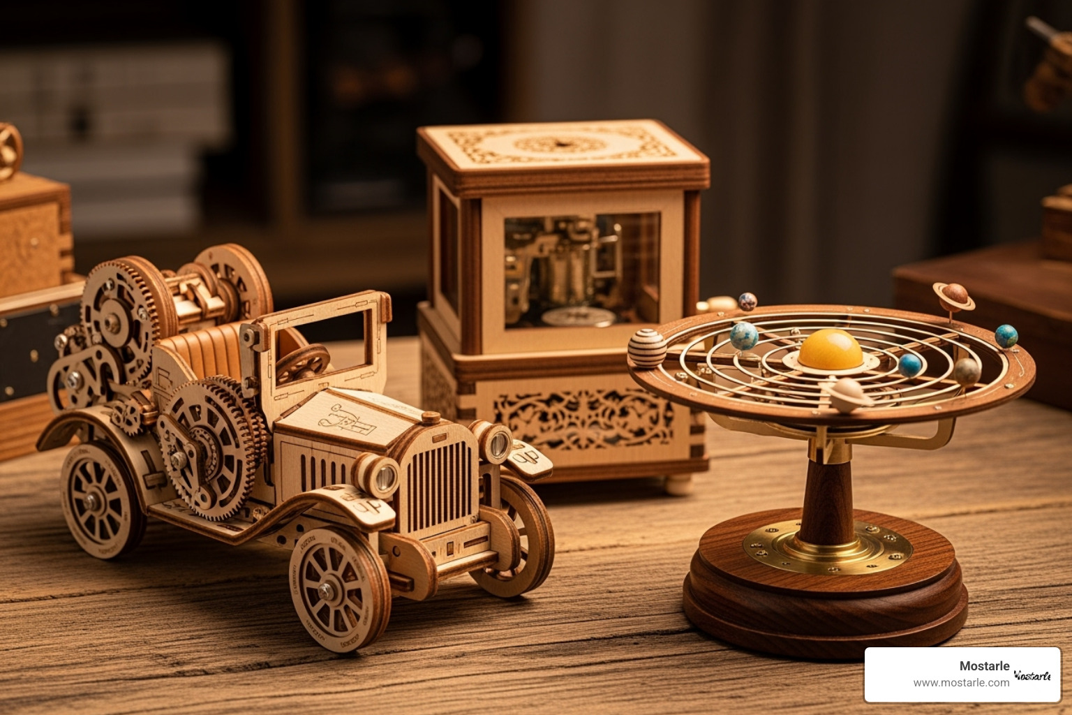 A collection of different assembled Mostarle wooden puzzles like a vehicle, a music box, and an orrery - 3d assembly puzzles wooden mechanical gears decor laser-cut kits