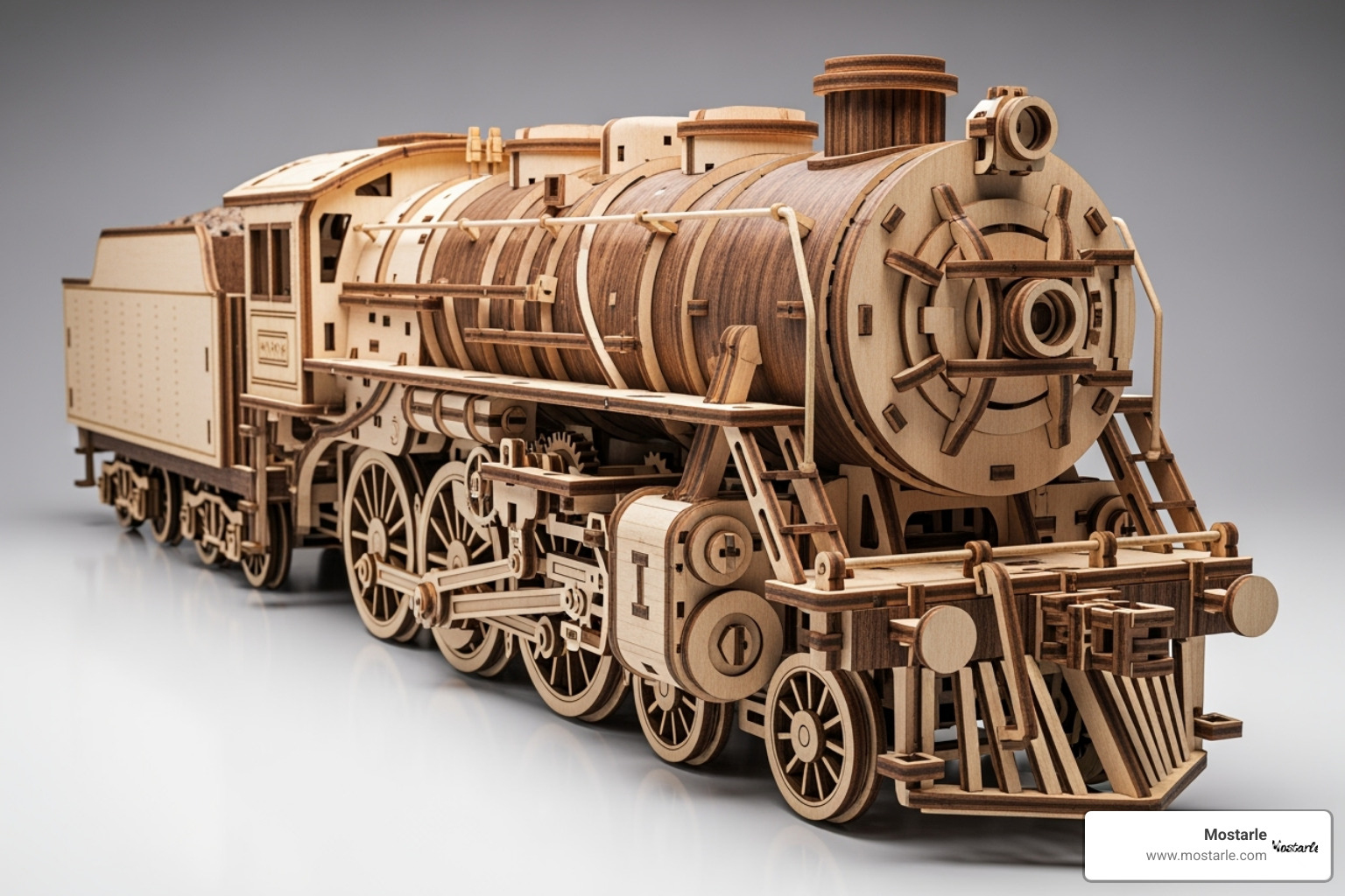 A detailed Mostarle wooden train model - 3d assembly puzzles wooden mechanical gears decor laser-cut kits