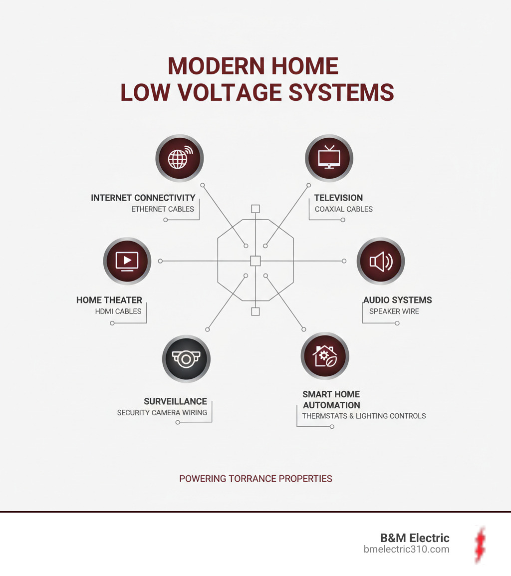 Infographic showing common low voltage systems in a modern home including ethernet cables for internet connectivity, coaxial cables for television, HDMI cables for home theater systems, speaker wire for audio systems, security camera wiring for surveillance, and smart home automation cables for thermostats and lighting controls - low voltage wiring Torrance infographic 