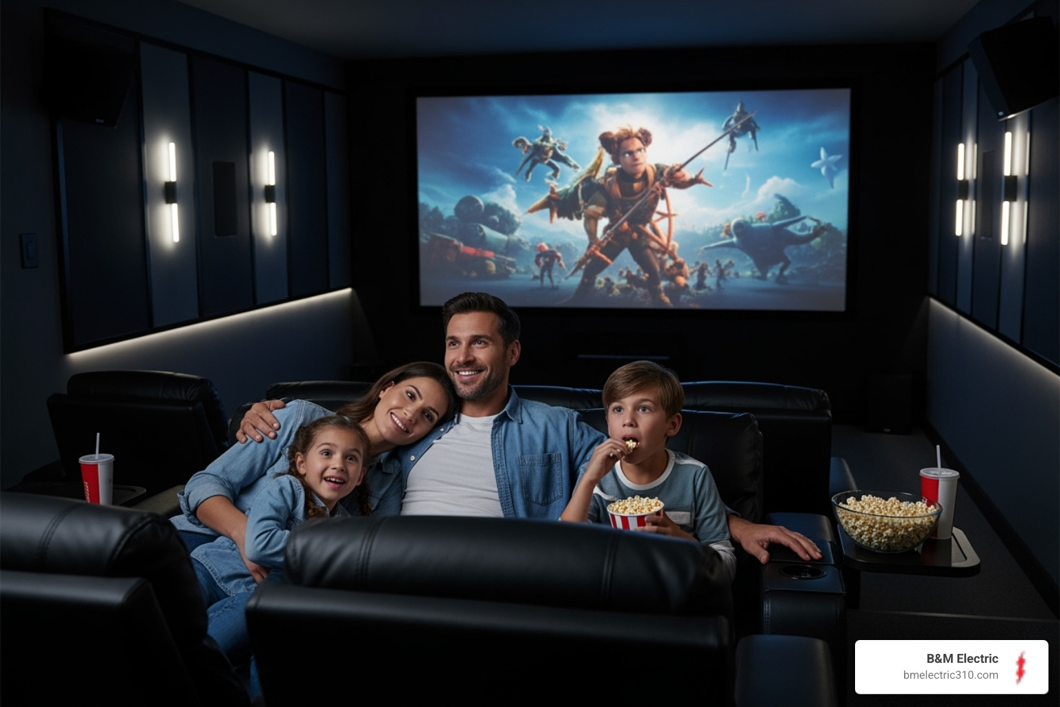 family enjoying modern home theater system - low voltage wiring Torrance