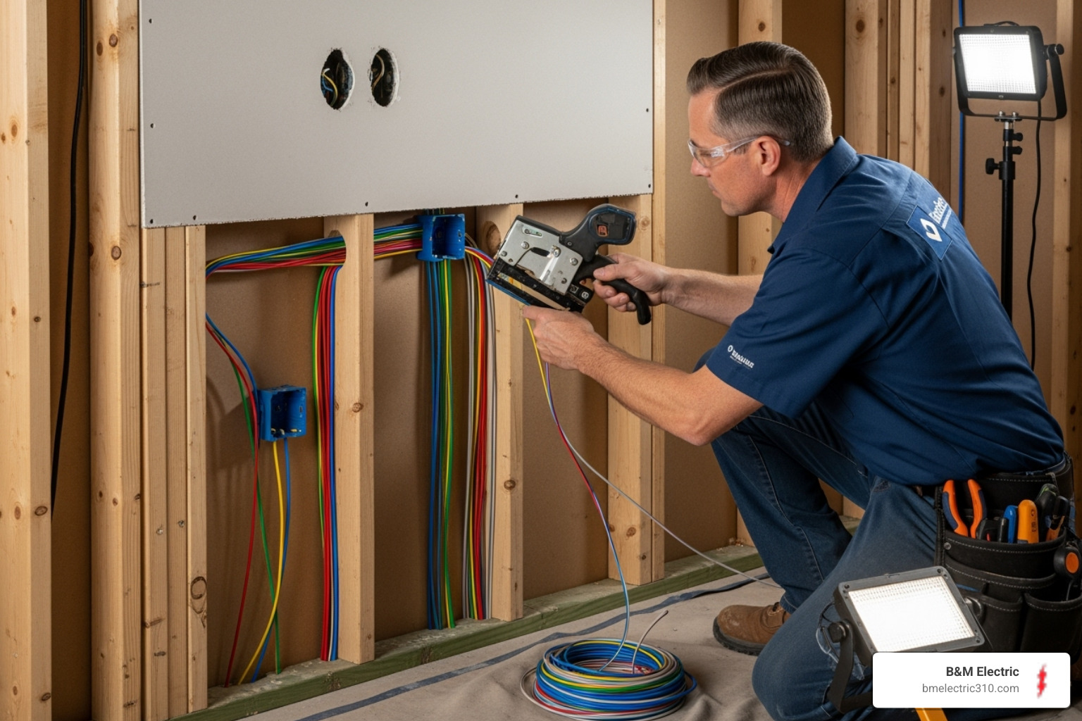 professional electrician neatly installing low voltage cables in a wall - low voltage wiring Torrance
