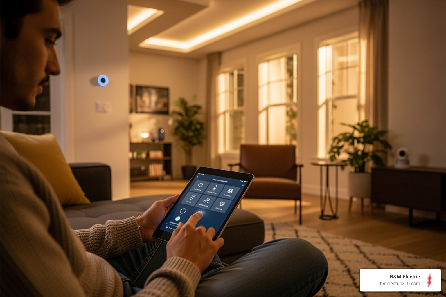 person using tablet to control smart home features - low voltage wiring Torrance