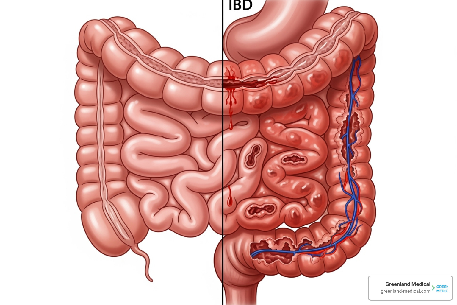 Comparison of healthy intestine versus intestine affected by Inflammatory Bowel Disease (IBD) - integrative medicine digestive health Comparison of healthy intestine versus intestine affected by Inflammatory Bowel Disease (IBD) - integrative medicine digestive health