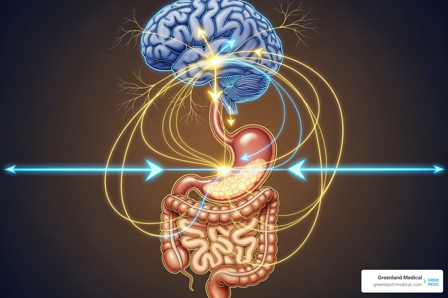 Brain-gut connection illustrating bidirectional communication pathways - integrative medicine digestive health Brain-gut connection illustrating bidirectional communication pathways - integrative medicine digestive health