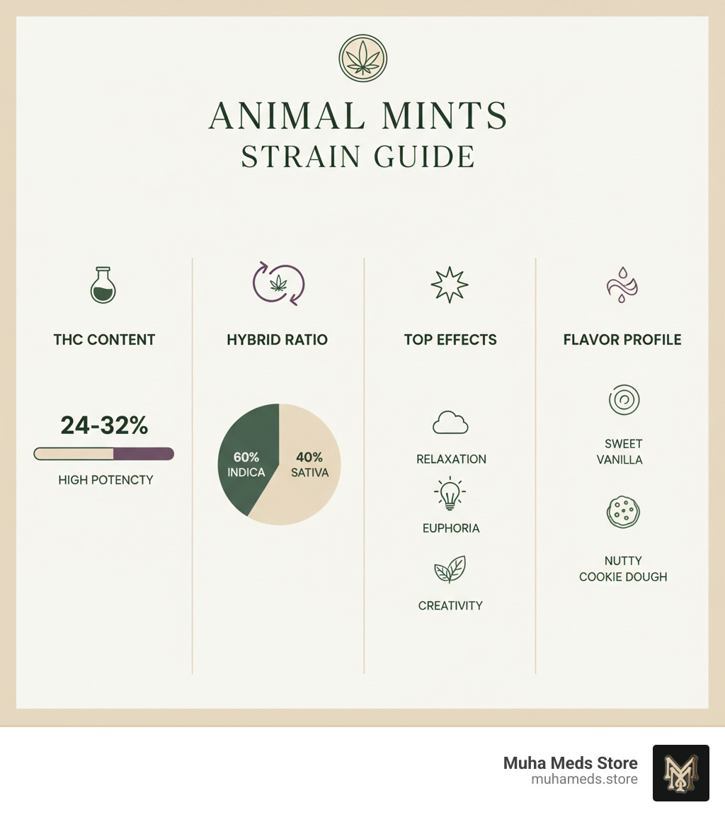 Comprehensive Animal Mints strain guide showing THC content of 24-32%, 60% Indica and 40% Sativa ratio, top three effects including relaxation euphoria and creativity, and top three flavors including sweet vanilla mint and nutty cookie dough - buy animal mints strain infographic 