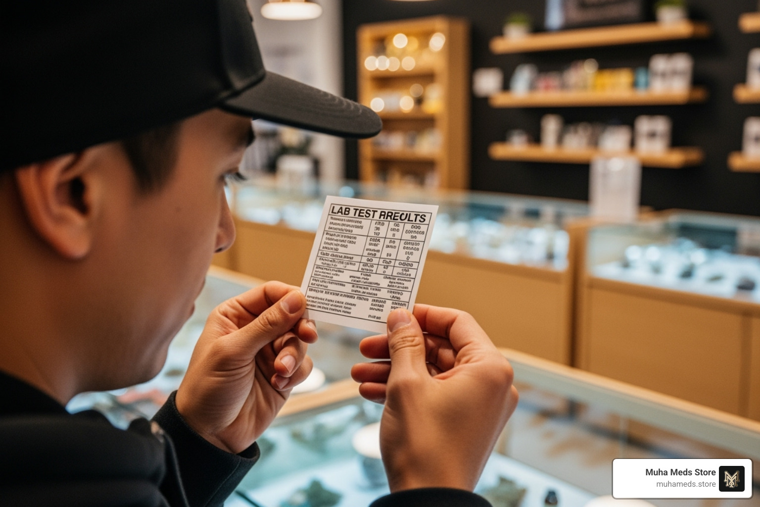 A person inspecting a cannabis product label with lab test results. - buy animal mints strain