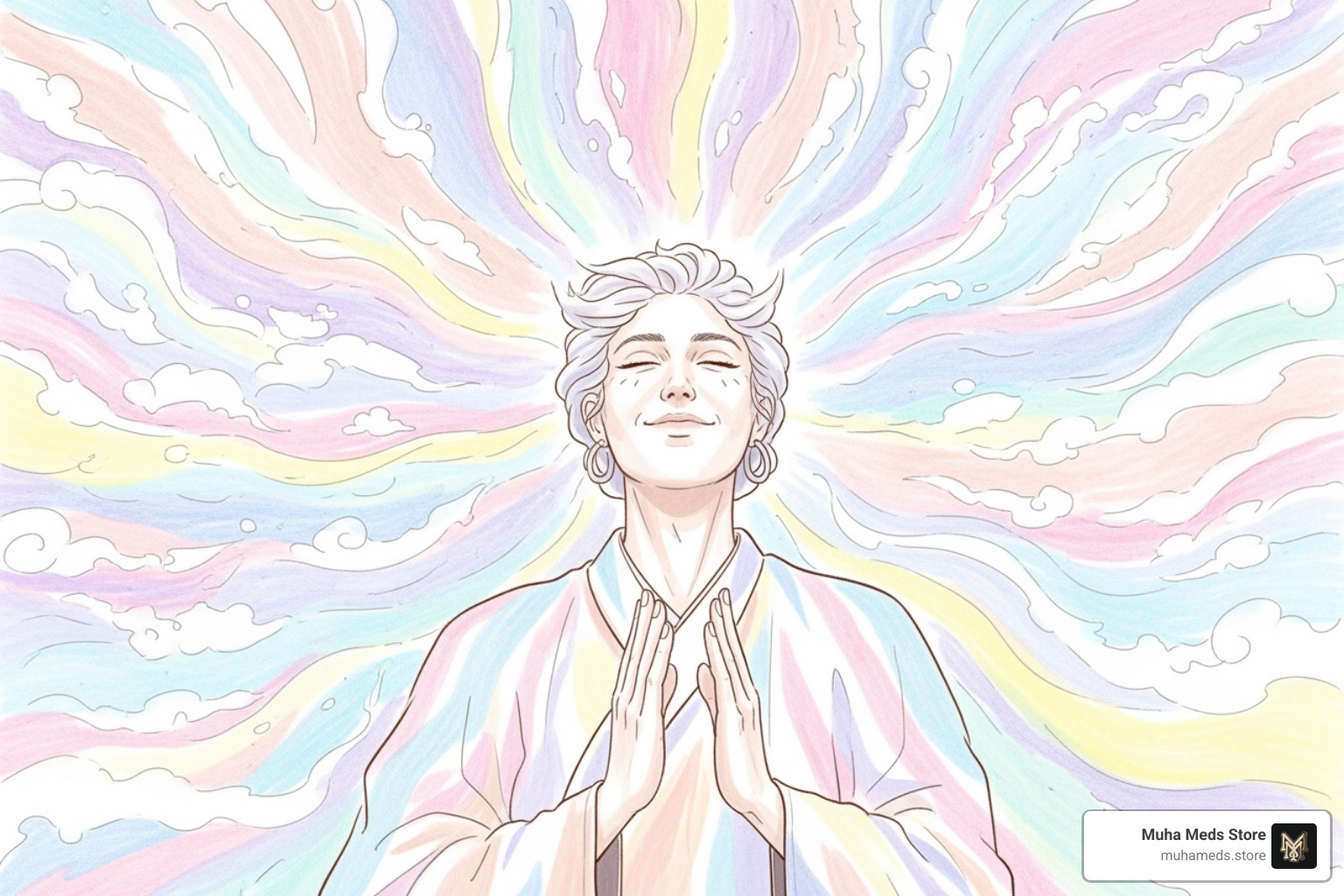 Illustration of a person feeling relaxed and euphoric, surrounded by calming colors and gentle swirls. - buy animal mints strain