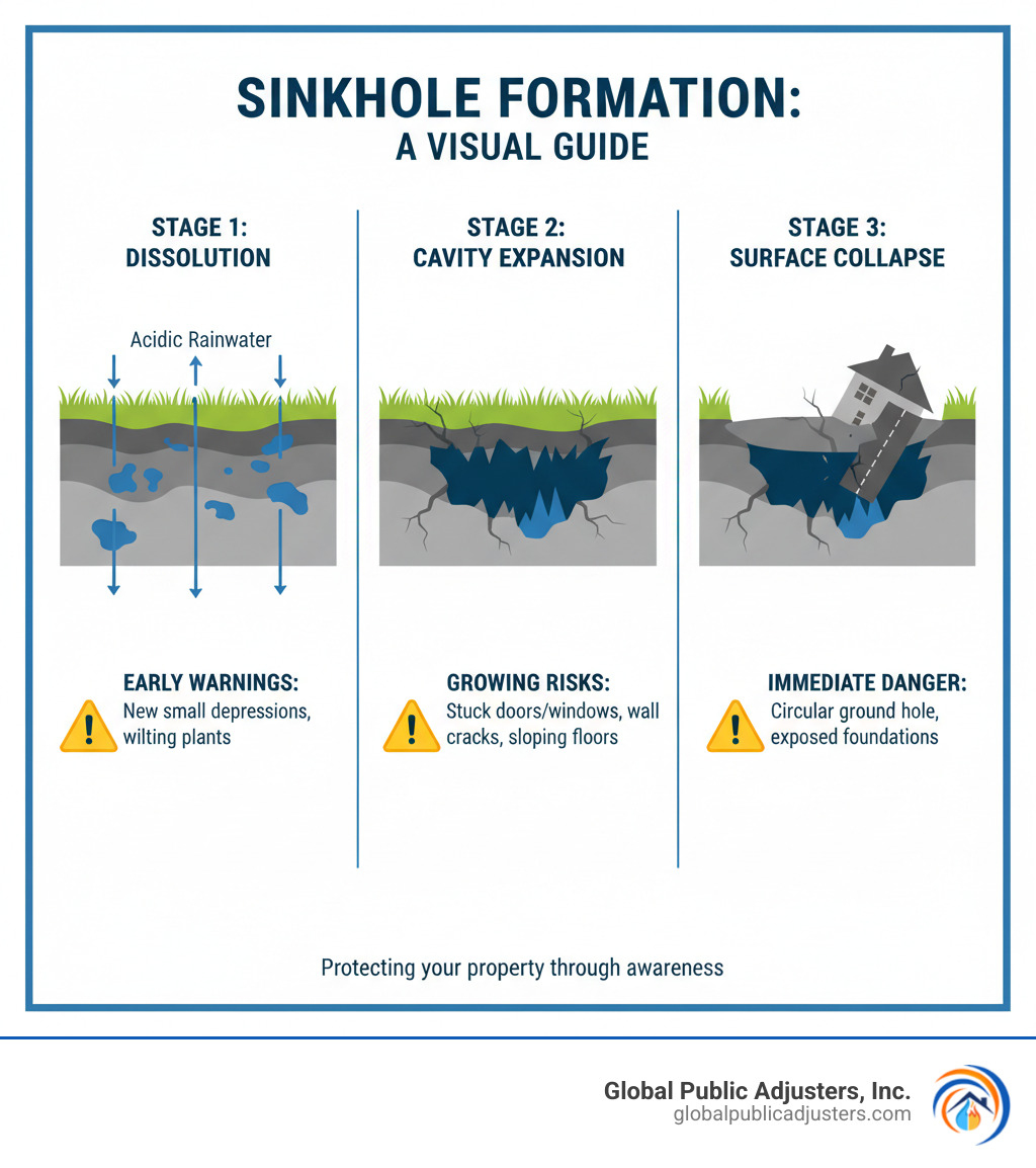 Detailed infographic showing sinkhole formation process from initial limestone dissolution by acidic rainwater, through underground cavity expansion, to final surface collapse, with warning signs labeled at each stage - signs of sinkhole infographic 
