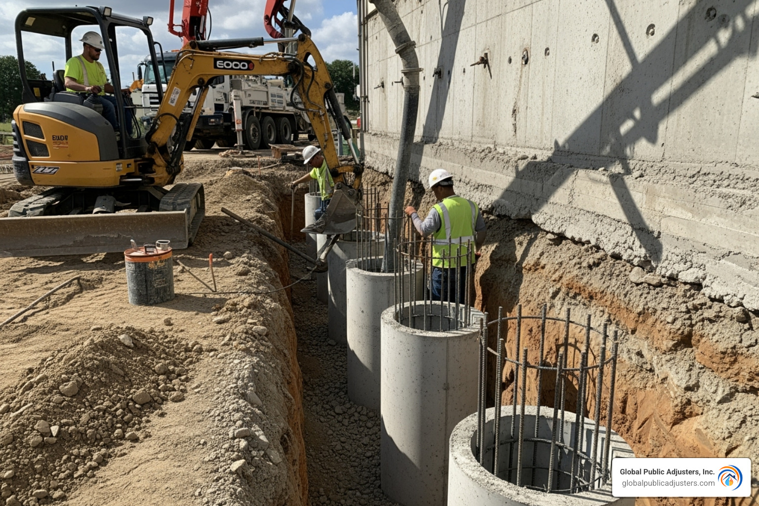 Image of concrete piers being installed under a building's foundation, illustrating underpinning for structural stabilization - signs of sinkhole