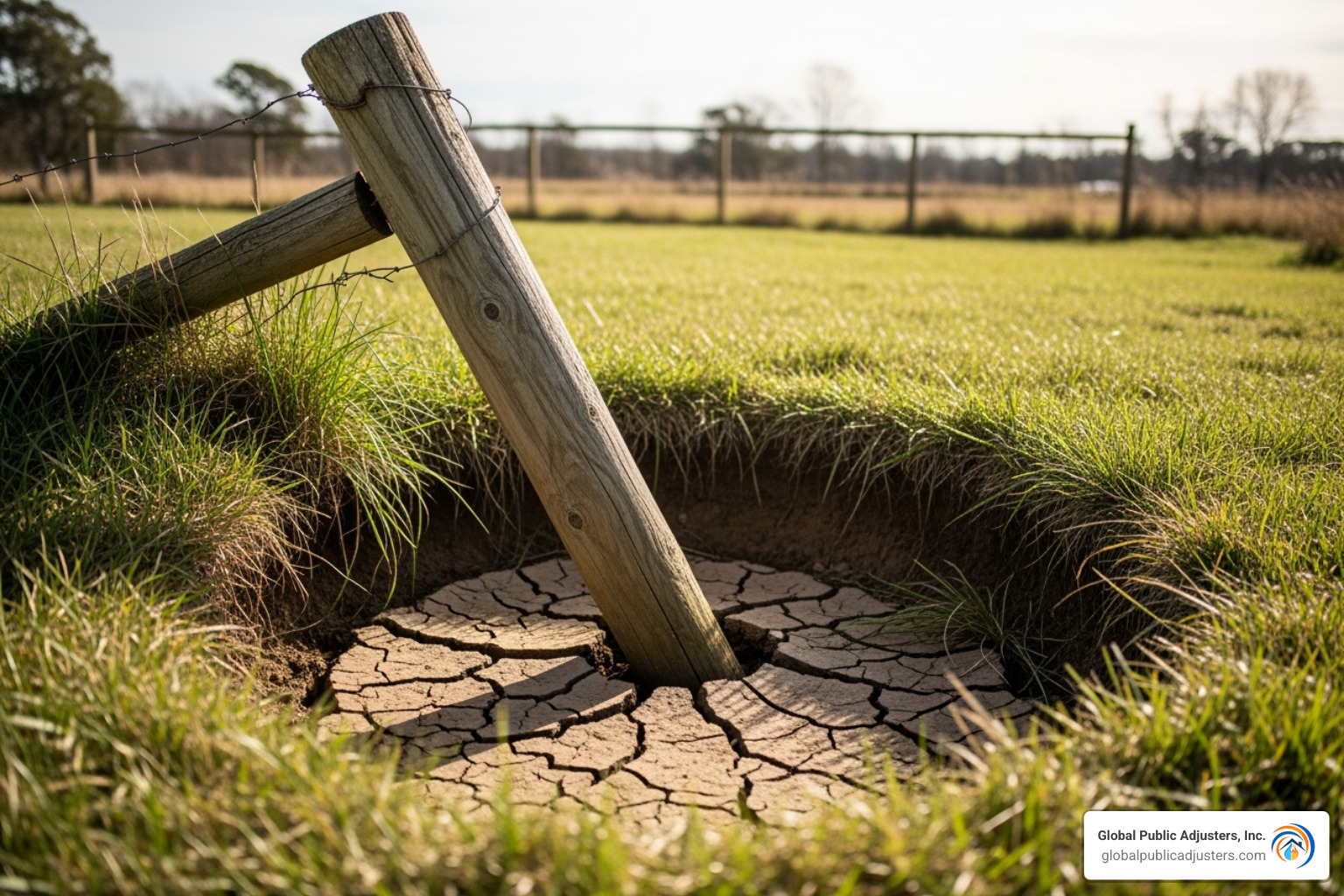 Image of a leaning wooden fence post in a grassy yard, with the ground visibly sunken and cracked around its base - signs of sinkhole
