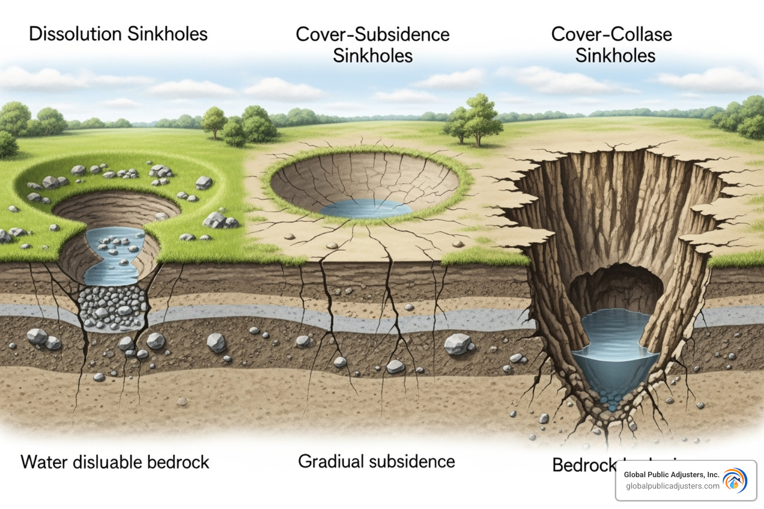 Illustration showing the three main types of sinkholes: dissolution (gradual depression), cover-subsidence (slow sag), and cover-collapse (sudden drop), with labels for each - signs of sinkhole