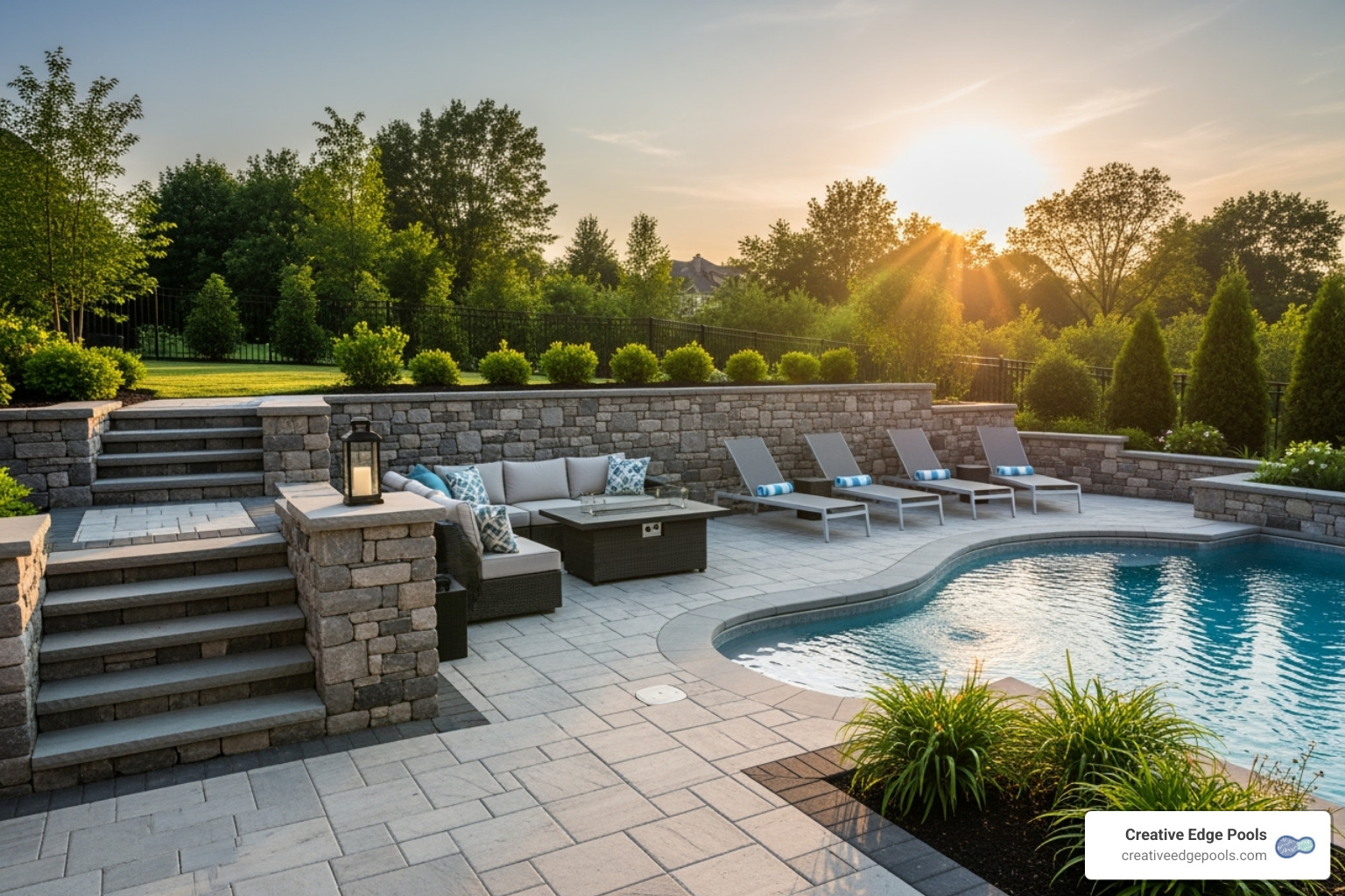 A modern backyard patio with an integrated stone retaining wall and steps, adjacent to a sparkling gunite pool - Stone wall construction NH