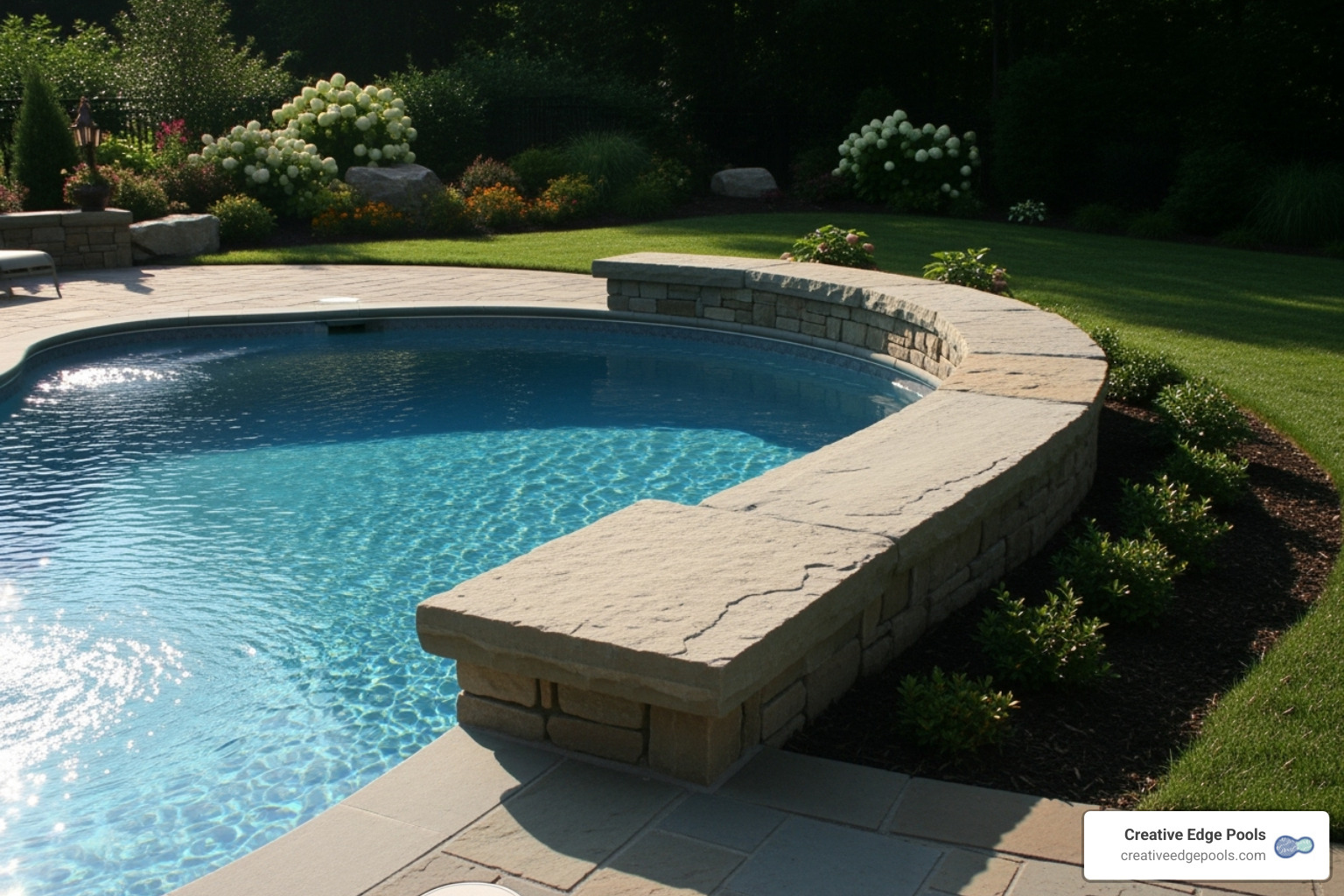 A gunite pool with an integrated stone retaining wall illustrating proper batter and capstones - Stone wall construction NH